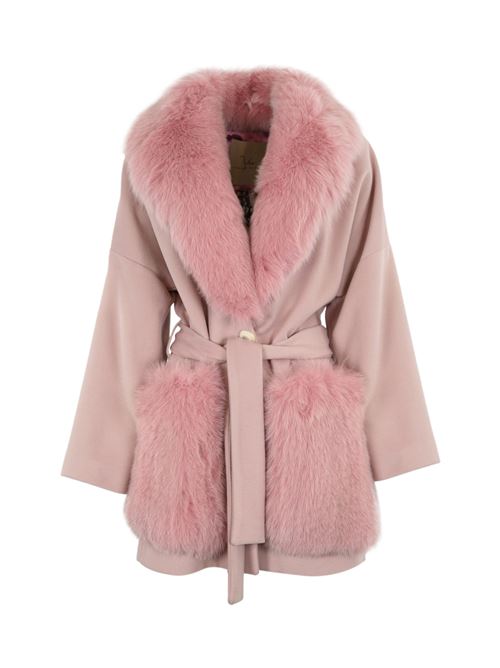 Cappotto in lana e pelliccia di volpe rosa YES LONDON | CD1189ROSA